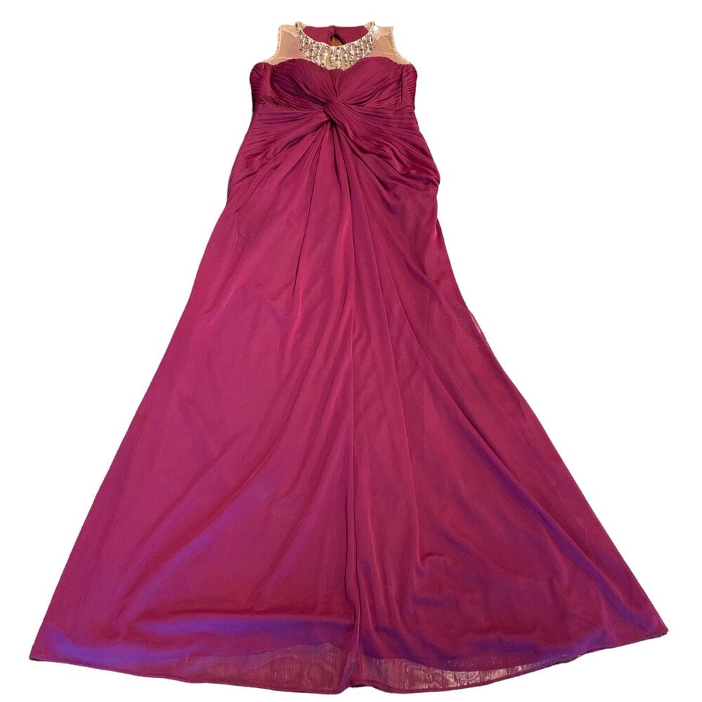 Wine Plum Adrianna Papell Ruched Knotted Evening Maxi Dress Beads Rhinestone 6P